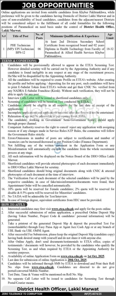 District Health Officer Lakki Marwat Jobs 2025 Latest Vacancies